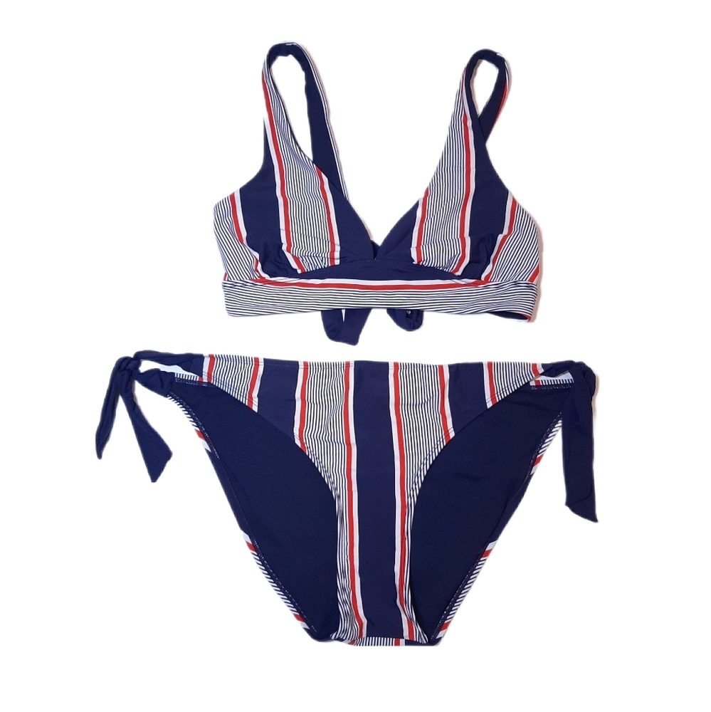La Vie En Rose Striped Bikini Set Triangle Tie 2Pc Swimwear Wirefree M XL